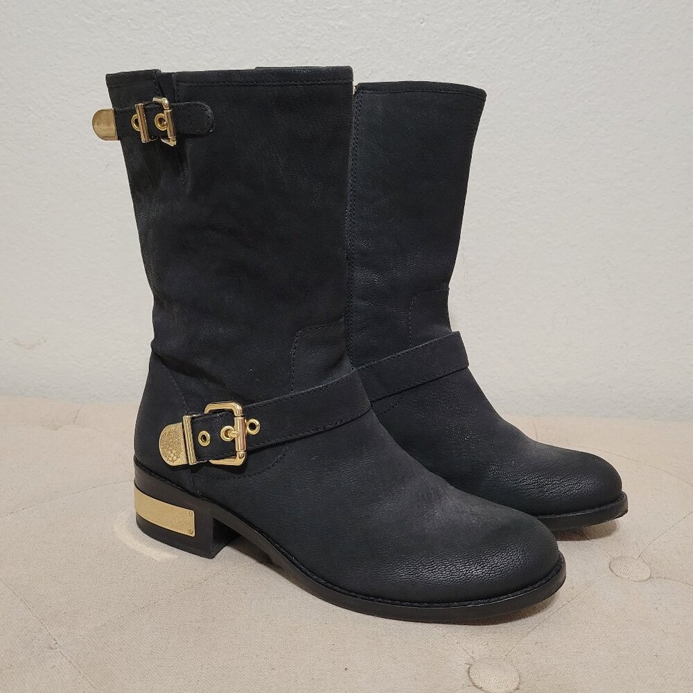 Vince Camuto Winchell Buckle Black Leather Mid Calf Short Boots Size 10
